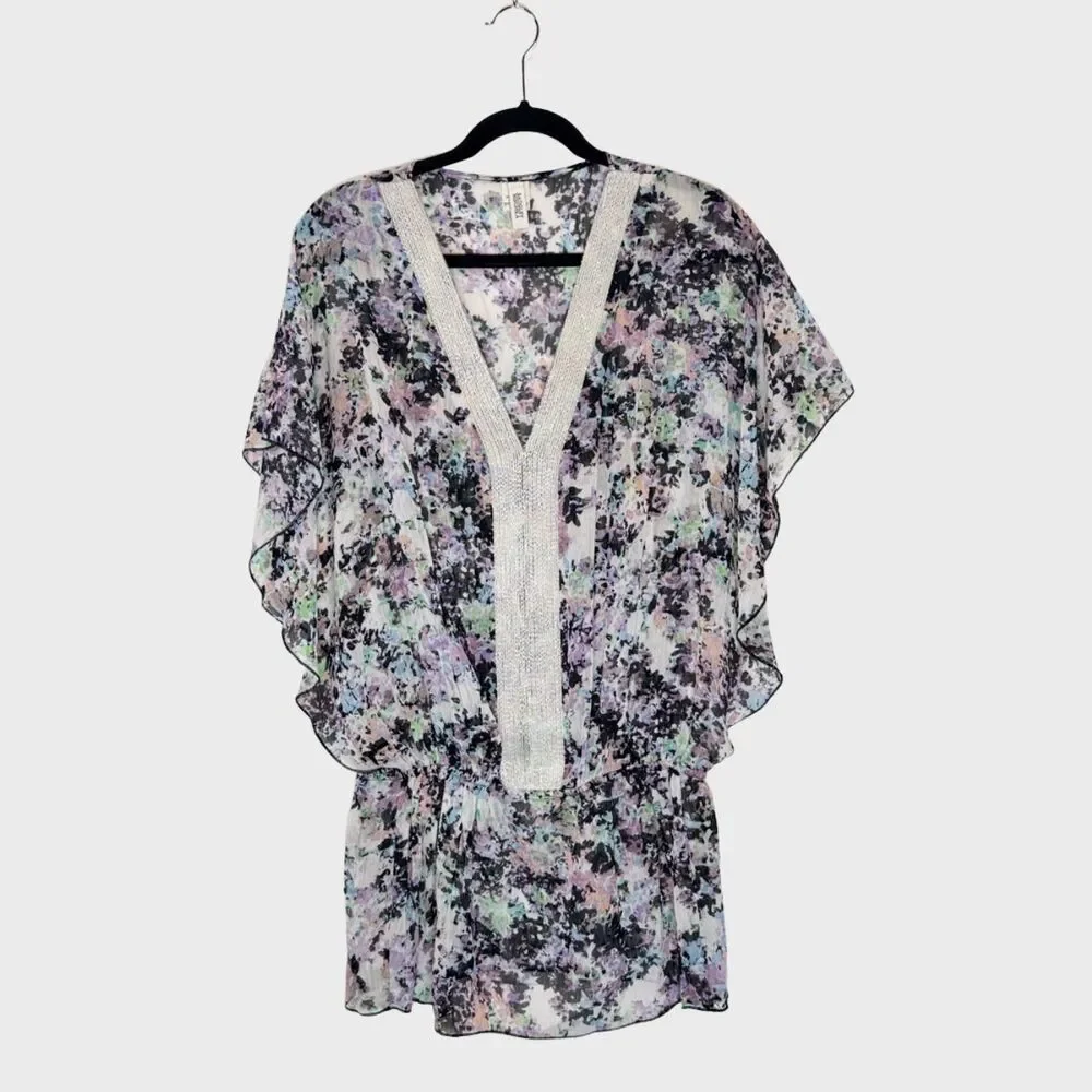 Badgley Mischka Womens Cover Up Black Abstract Sheer Beaded Blouson Swim Medium - Picture 1 of 10